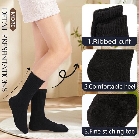 Women's Black Merino Winter Thermal Thick Warm Hiking Crew Cozy Comfy Work Socks - Picture 4 of 7